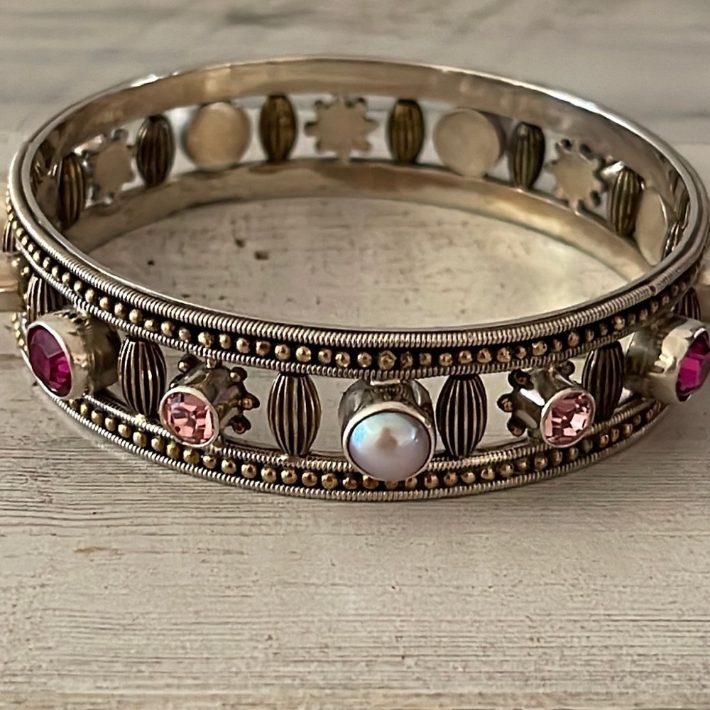 Mars & Valentine Sterling Silver Mixed Gemstone Pearl Bangle Bracelet - Picture 3 of 6